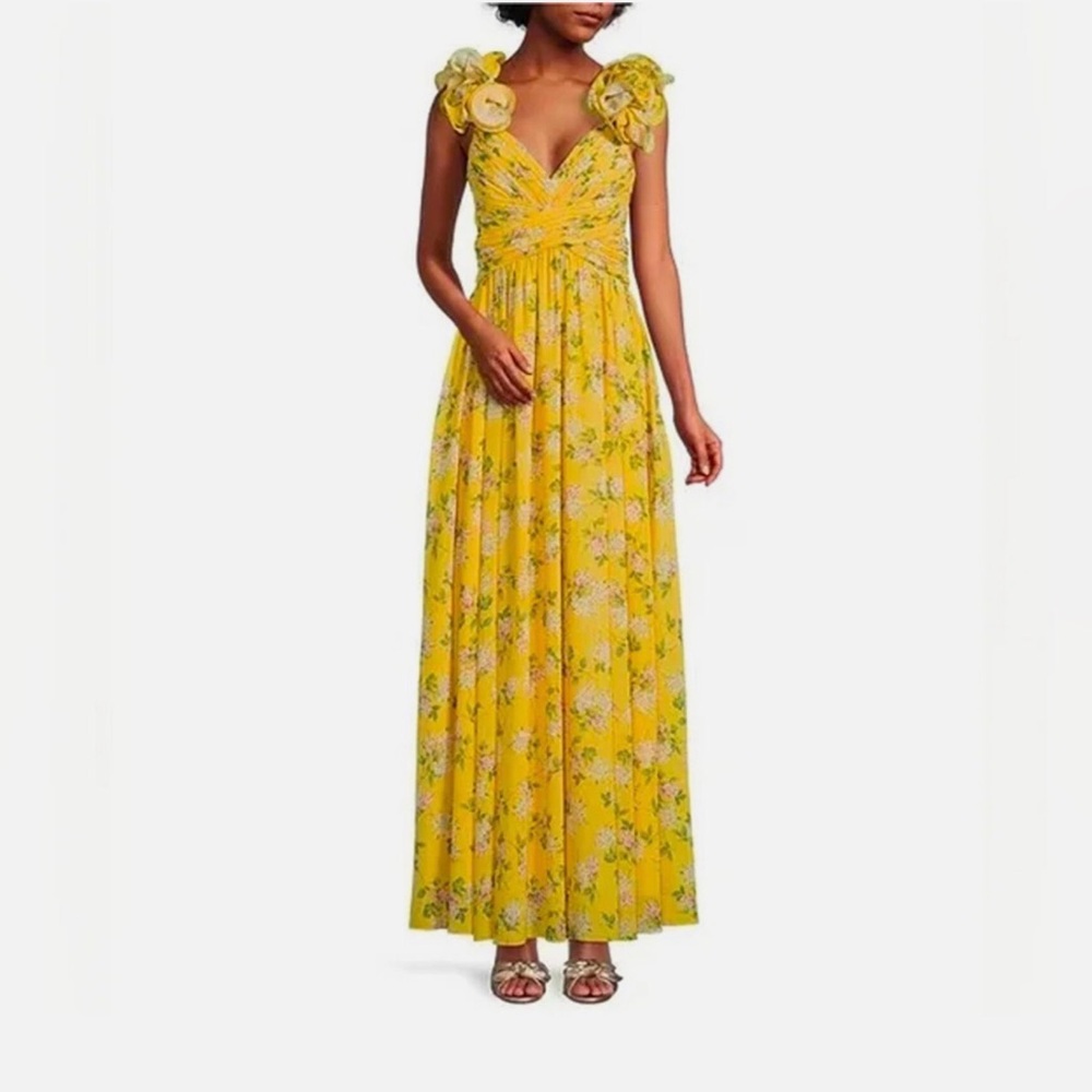 Antonio Melani Manila Yellow Rosette Sleeveless V-Neck Maxi Dress Open Back NEW